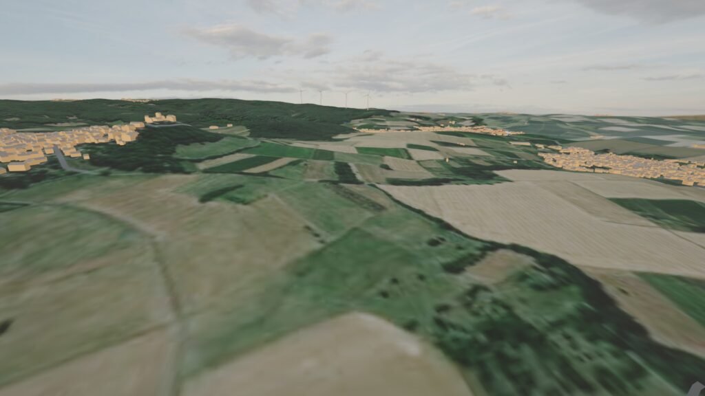 3D generierte Ansichten der möglichen Windenergieanlagen für Otzberg - Übersicht aus 150 Meter Höhe