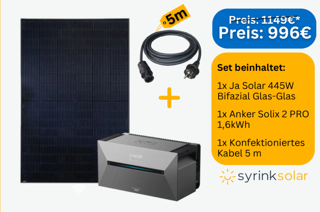 Paket 1 besteht aus einem PV-Panel "Ja Solar 445W Bifazial Glas-Glas", einem Anker Solix 2 Pro 1,6 kWh Speicher sowie einem fertig konfektionierten Kabel für den Anschluss an die Steckdose.
Preis 996€ anstatt 1149€