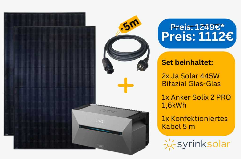 Paket 2 besteht aus zwei PV-Panel "Ja Solar 445W Bifazial Glas-Glas", einem Anker Solix 2 Pro 1,6 kWh Speicher sowie einem fertig konfektionierten Kabel für den Anschluss an die Steckdose.
Preis 1112€ anstatt 1249€