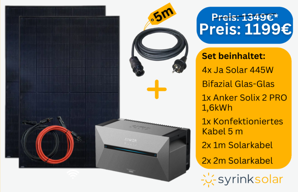 Paket 3 besteht aus vier PV-Panel "Ja Solar 445W Bifazial Glas-Glas", einem Anker Solix 2 Pro 1,6 kWh Speicher, zwei mal 2 Meter Solarkabel, zwei mal 1 Meter Solarkabel sowie einem fertig konfektionierten Kabel für den Anschluß an die Steckdose.
Preis 1199€ anstatt 1349€